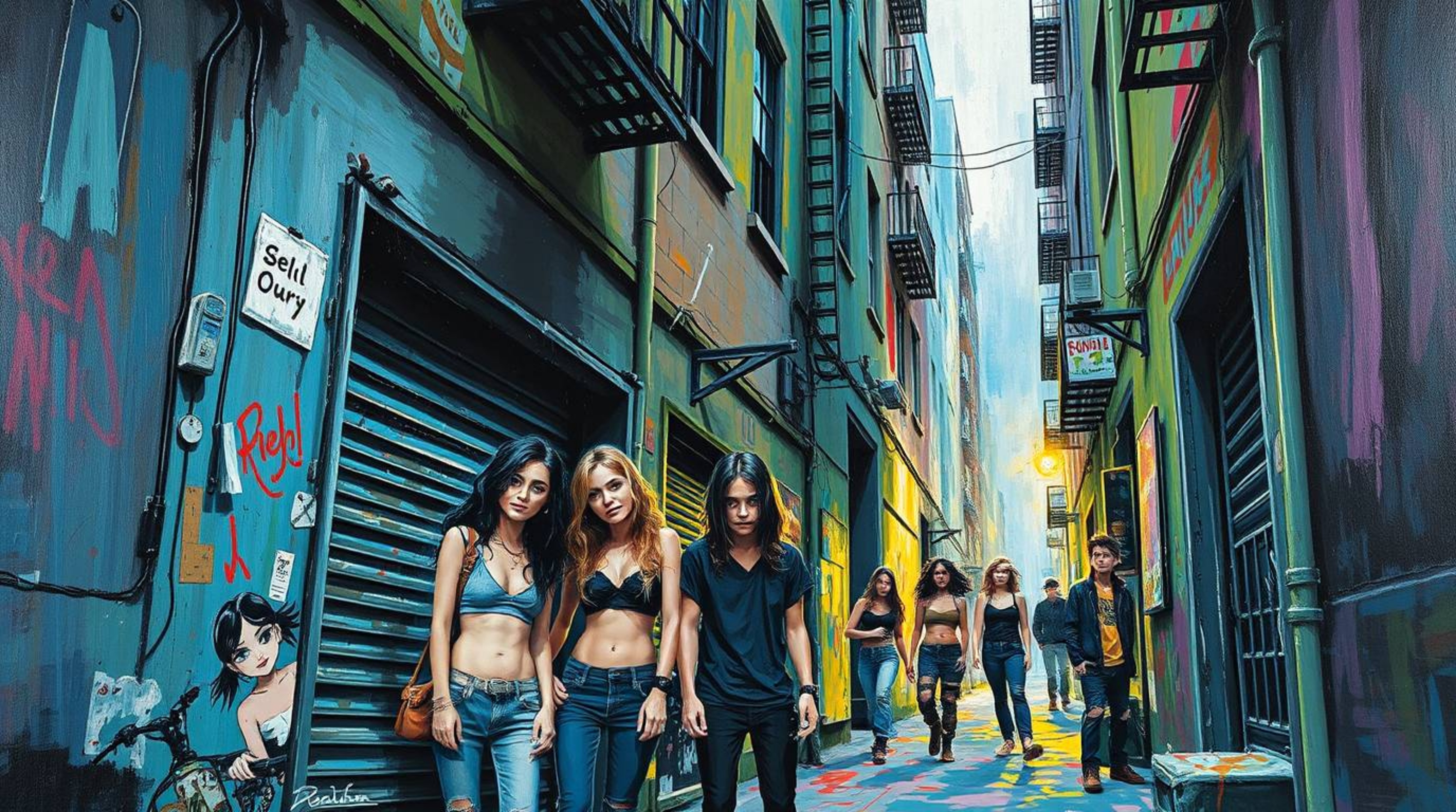 A bold acrylic painting depicts rebellious teens in a grungy city alley.  The artwork features vibrant blues, greens, and pur