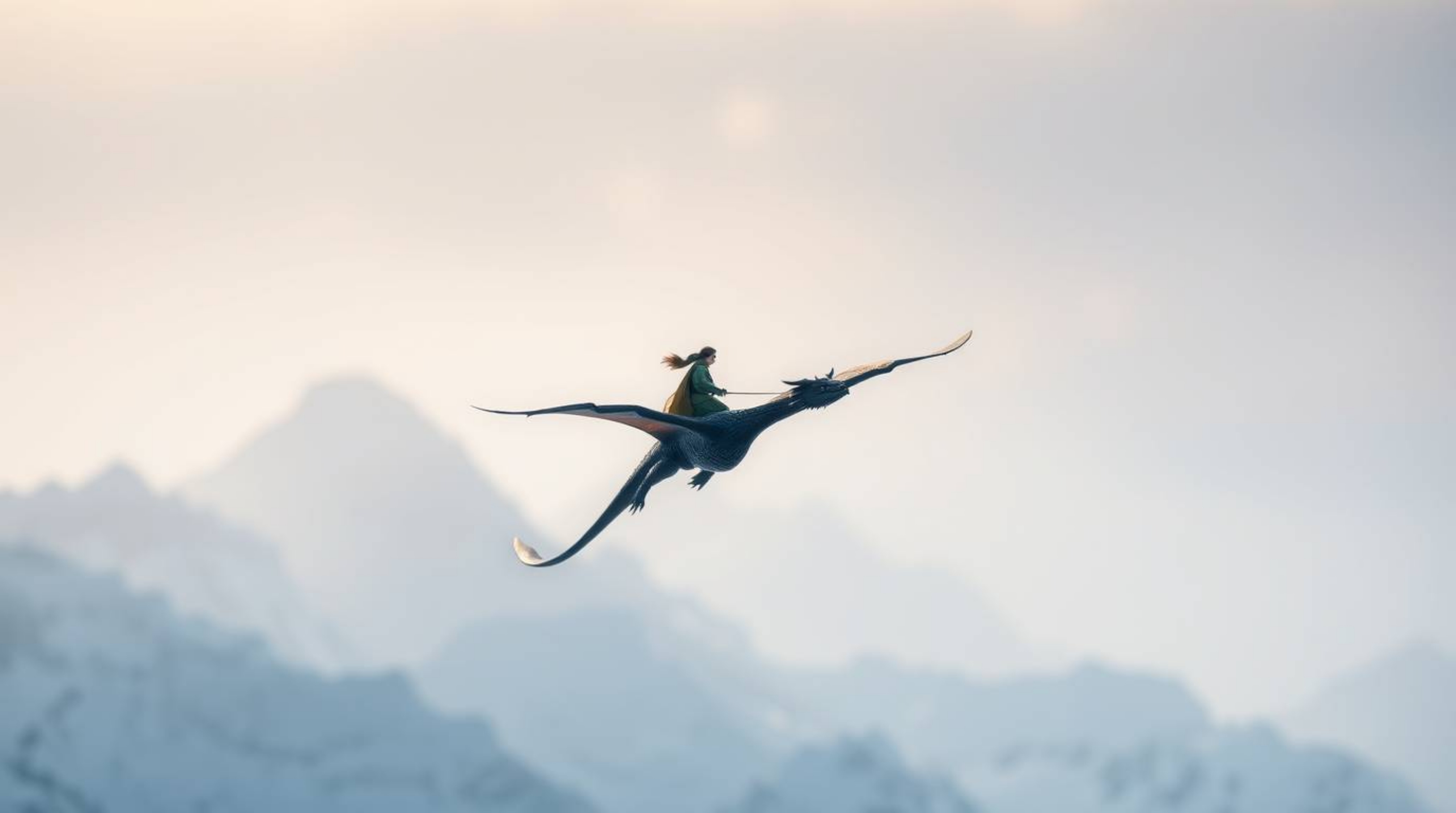 A breathtaking image depicts a sharply focused dragon and rider soaring above majestic icy mountains.  The gentle, soft light