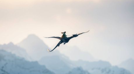 A breathtaking image depicts a sharply focused dragon and rider soaring above majestic icy mountains.  The gentle, soft light