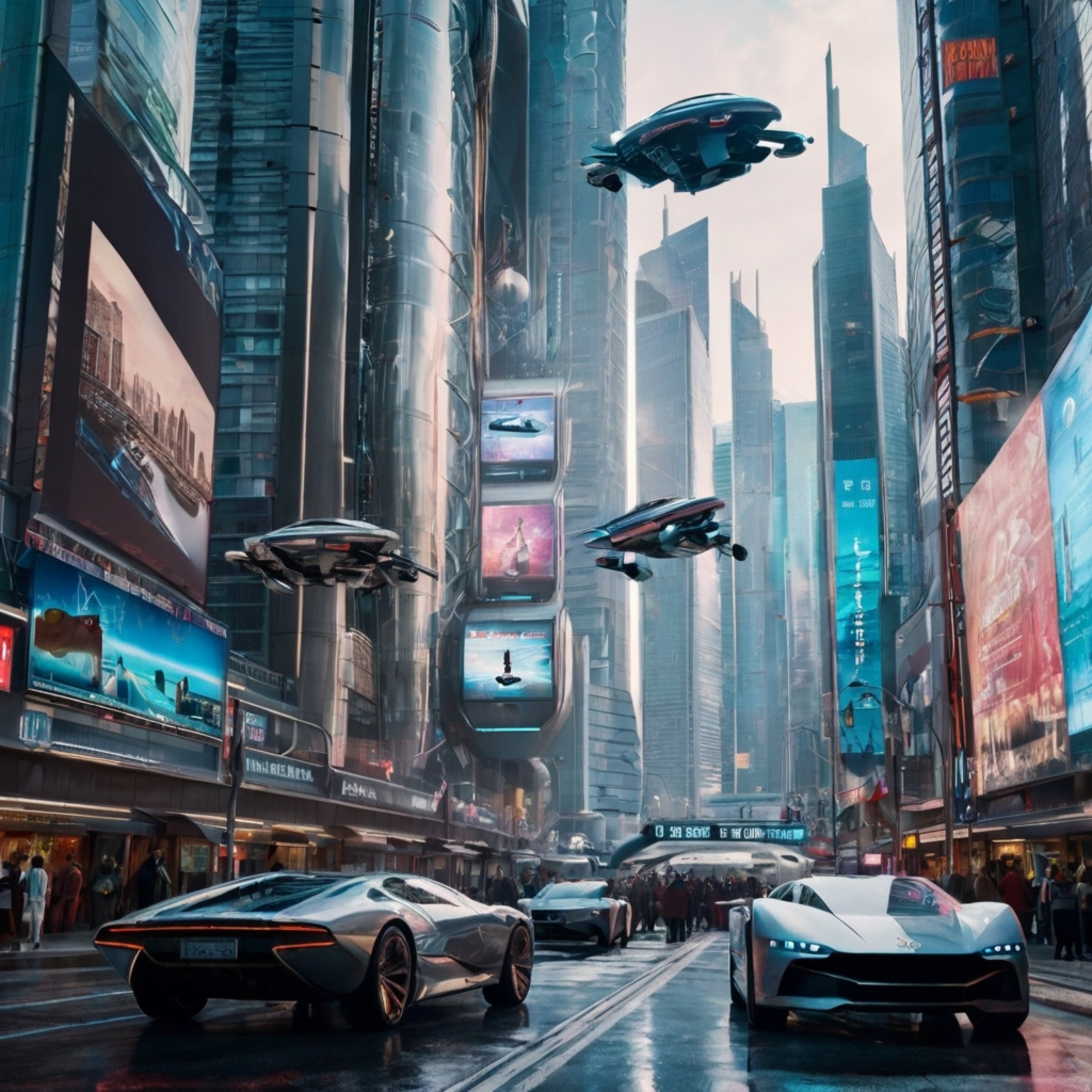 Imagine a world where towering glass buildings pierce the sky, flying cars effortlessly navigate the urban landscape, and vib