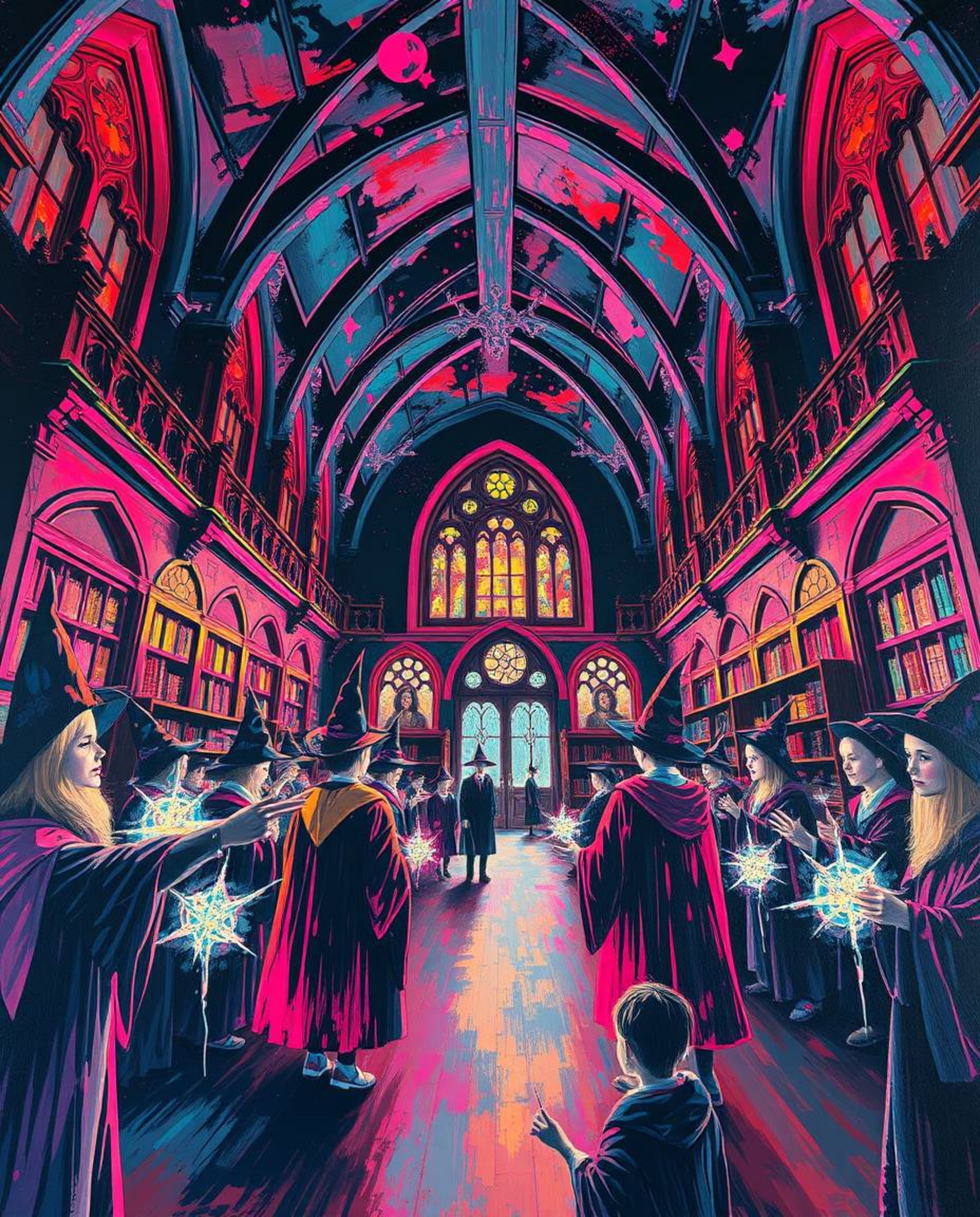 Explore a surreal, low-angle acrylic painting depicting a magical school brimming with young wizards. This otherworldly artwo