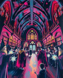 Explore a surreal, low-angle acrylic painting depicting a magical school brimming with young wizards. This otherworldly artwo
