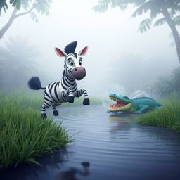 A charming 3D cartoon rendering depicts a cute zebra with expressive eyes and a friendly smile leaping from a grassy jungle c
