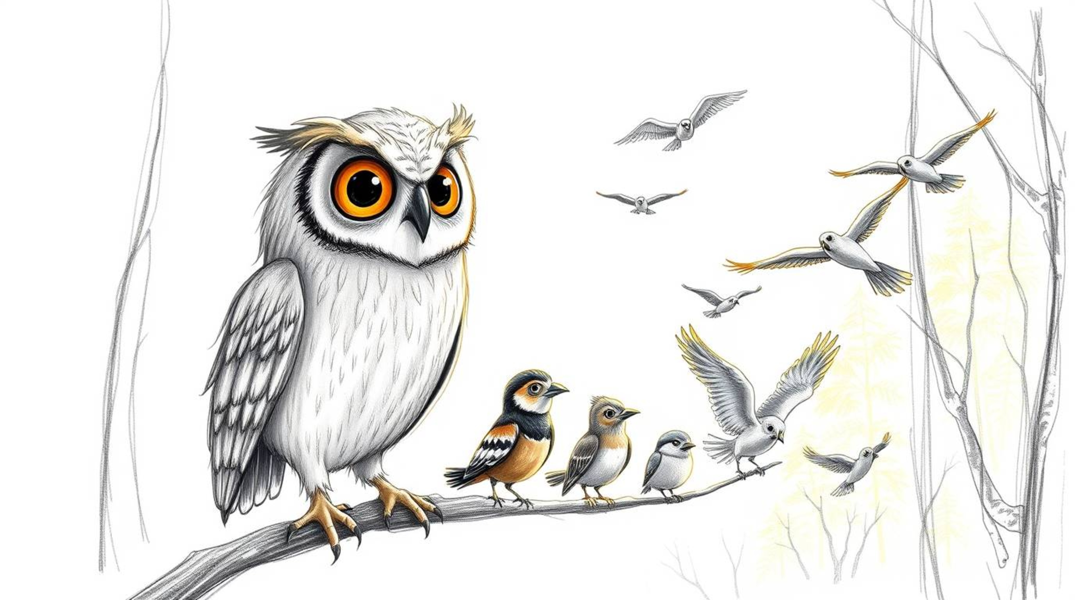 A charming hand-drawn sketch in the style of Pixar depicts a blind owl with soft feathers and expressive eyes, patiently guid