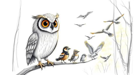 A charming hand-drawn sketch in the style of Pixar depicts a blind owl with soft feathers and expressive eyes, patiently guid