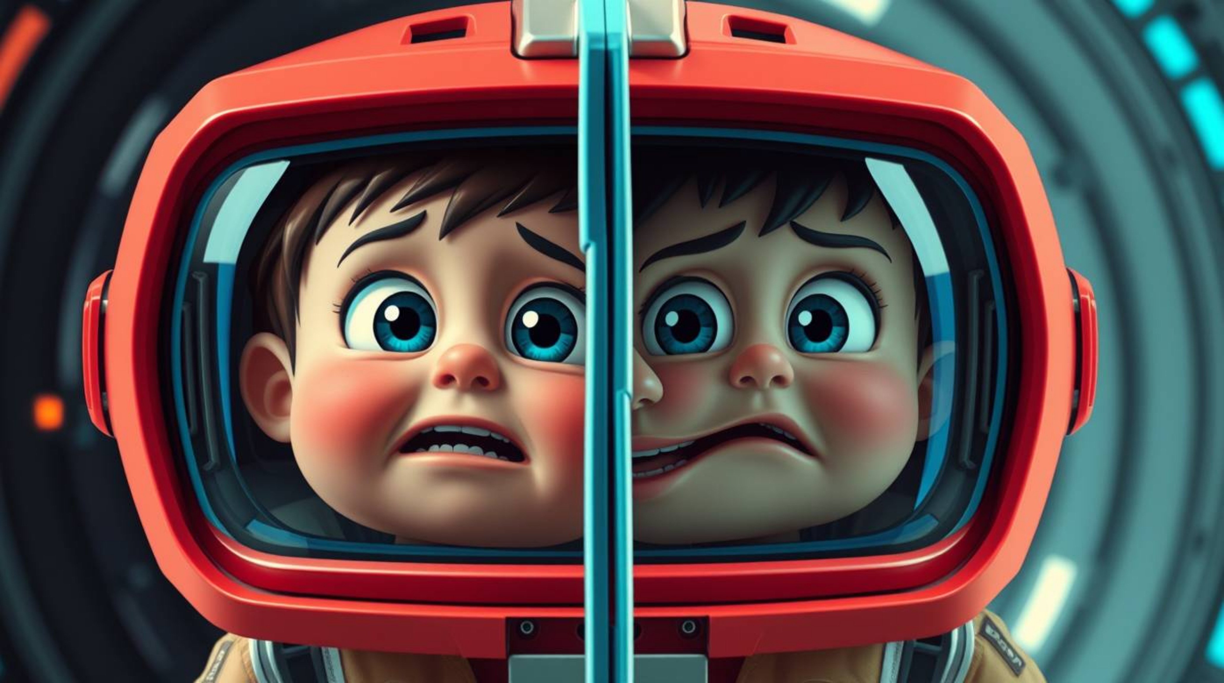 A hilarious, futuristic sci-fi comedy scene featuring a split image showcasing an adorable yet gross-out moment with exaggera