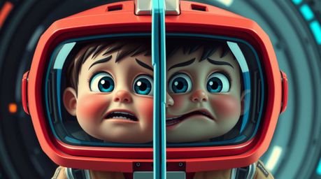 A hilarious, futuristic sci-fi comedy scene featuring a split image showcasing an adorable yet gross-out moment with exaggera