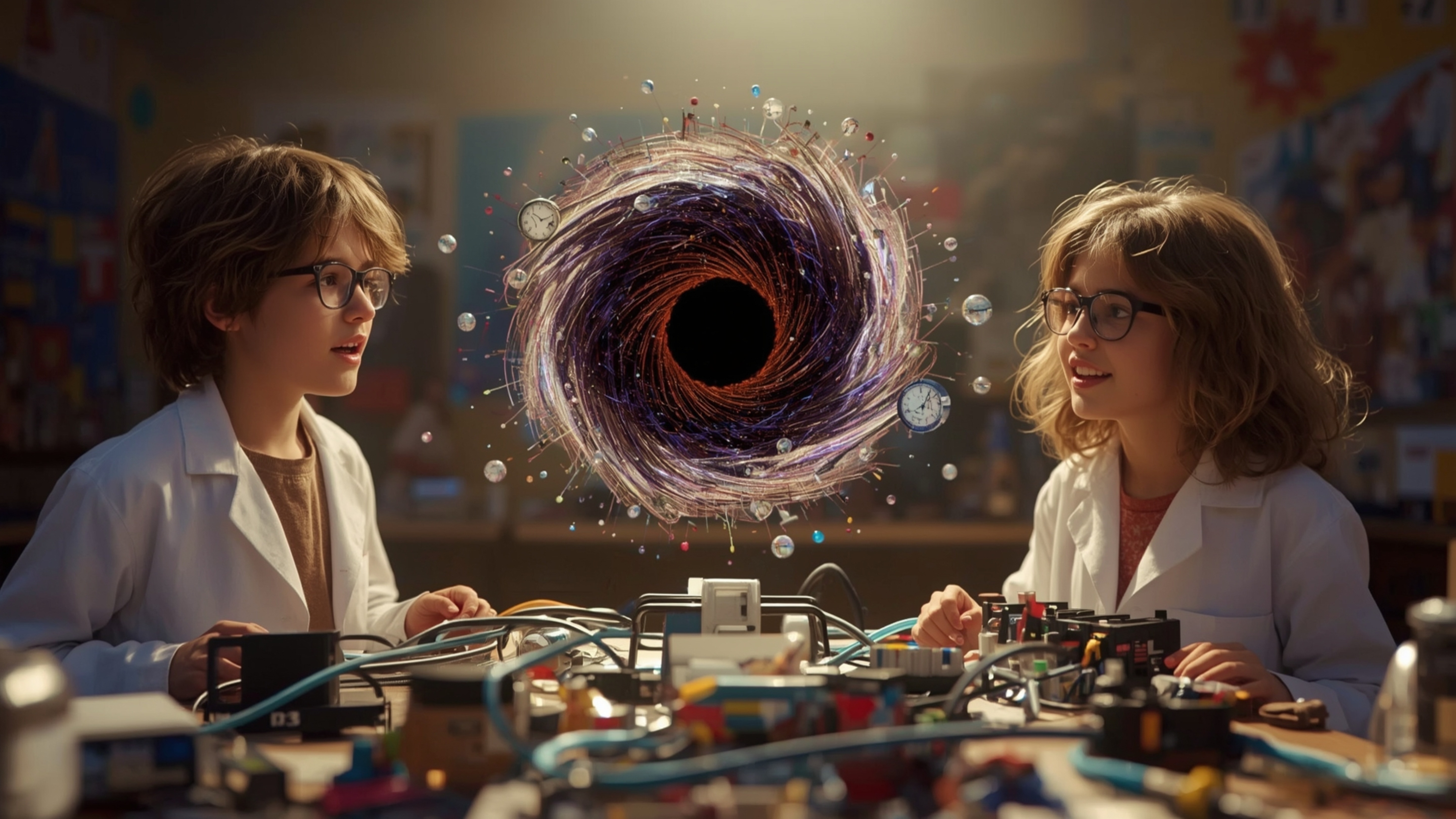 a cinematic, high-contrast photograph of two excited science fair participants, a boy with messy brown hair and glasses, and 