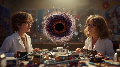 a cinematic, high-contrast photograph of two excited science fair participants, a boy with messy brown hair and glasses, and 