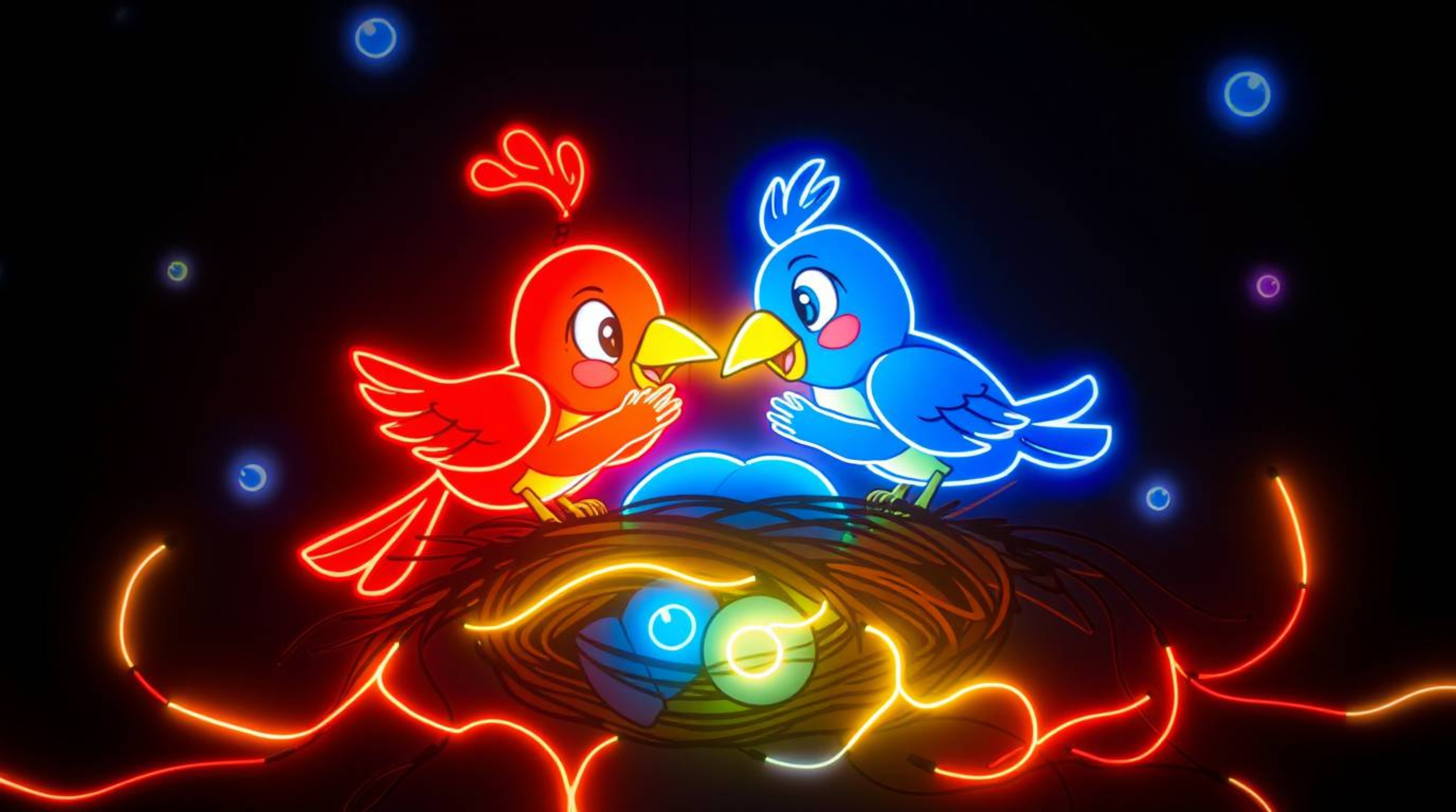 This creative light art piece depicts two cartoon birds diligently building a nest in a classic animation style. The artwork 