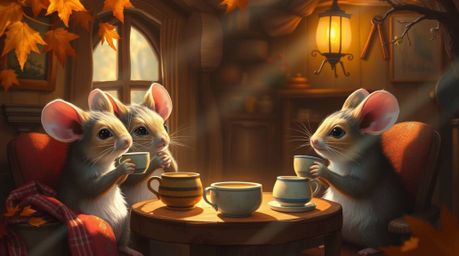 A vibrant digital painting depicts anthropomorphic mice enjoying a tea party in a cozy cottage.  The scene is filled with war
