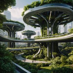 Explore a breathtaking futuristic city park where suspended walkways weave through lush greenery. Experience the seamless int