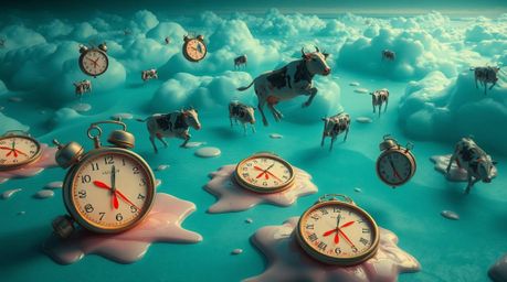 Experience a captivating surreal dreamscape featuring melting clocks and floating cows.  This high-angle shot showcases a ric