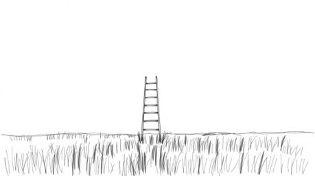 This collection features hand-drawn minimalist sketches depicting a silver ladder standing in an open field under a cloudy sk