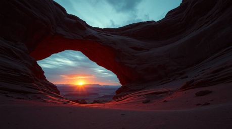 Experience the dramatic beauty of a cinematic sunset through a desert rock arch.  Bioluminescent colors create a vibrant glow