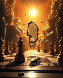 Experience the intensity of a chessboard scene frozen in a moment of epic destruction. Featuring chess pieces suspended mid-a