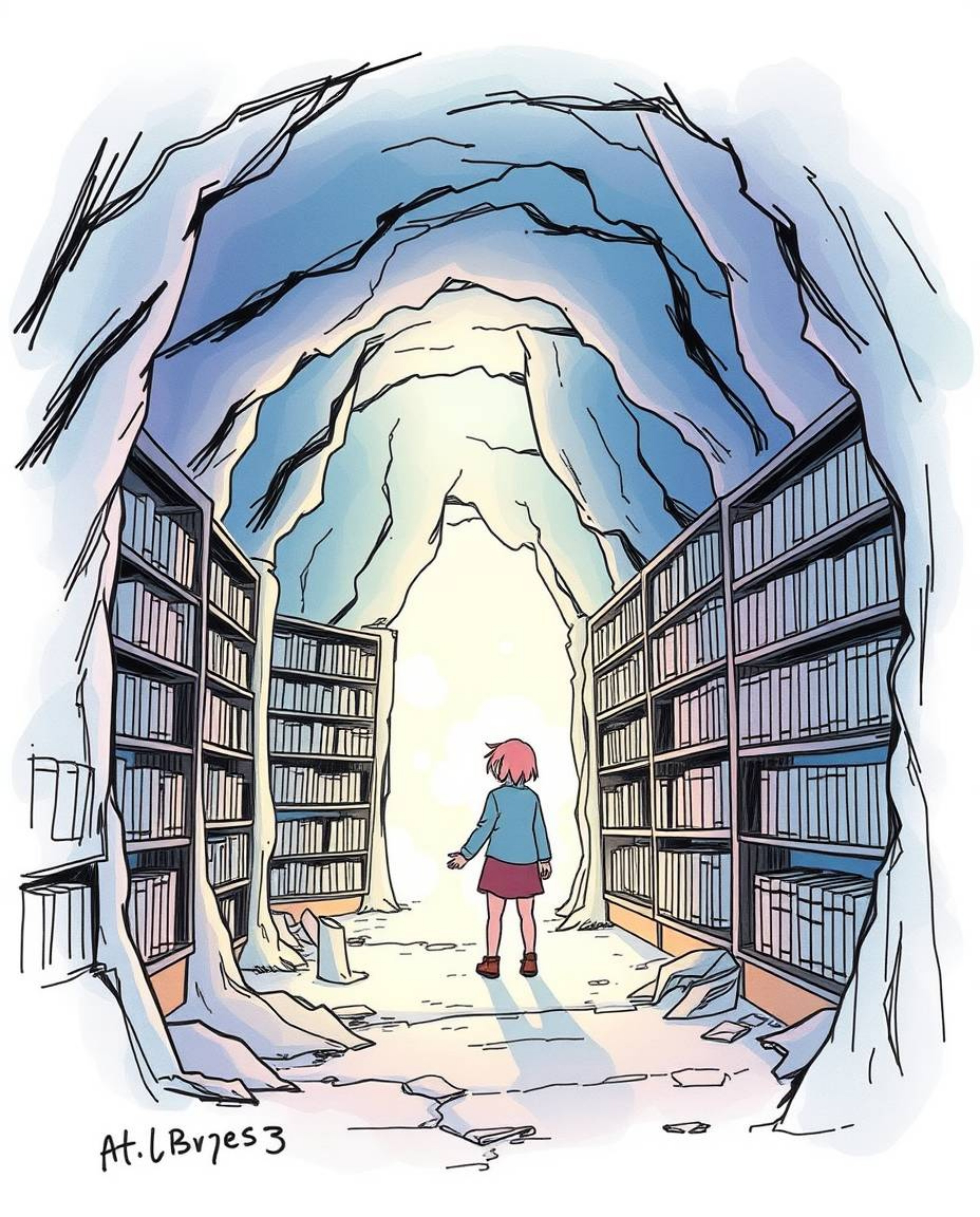A captivating color sketchnote style, hand-drawn sketch depicting a person's enchanting discovery of a hidden underground lib