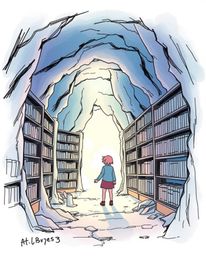 A captivating color sketchnote style, hand-drawn sketch depicting a person's enchanting discovery of a hidden underground lib