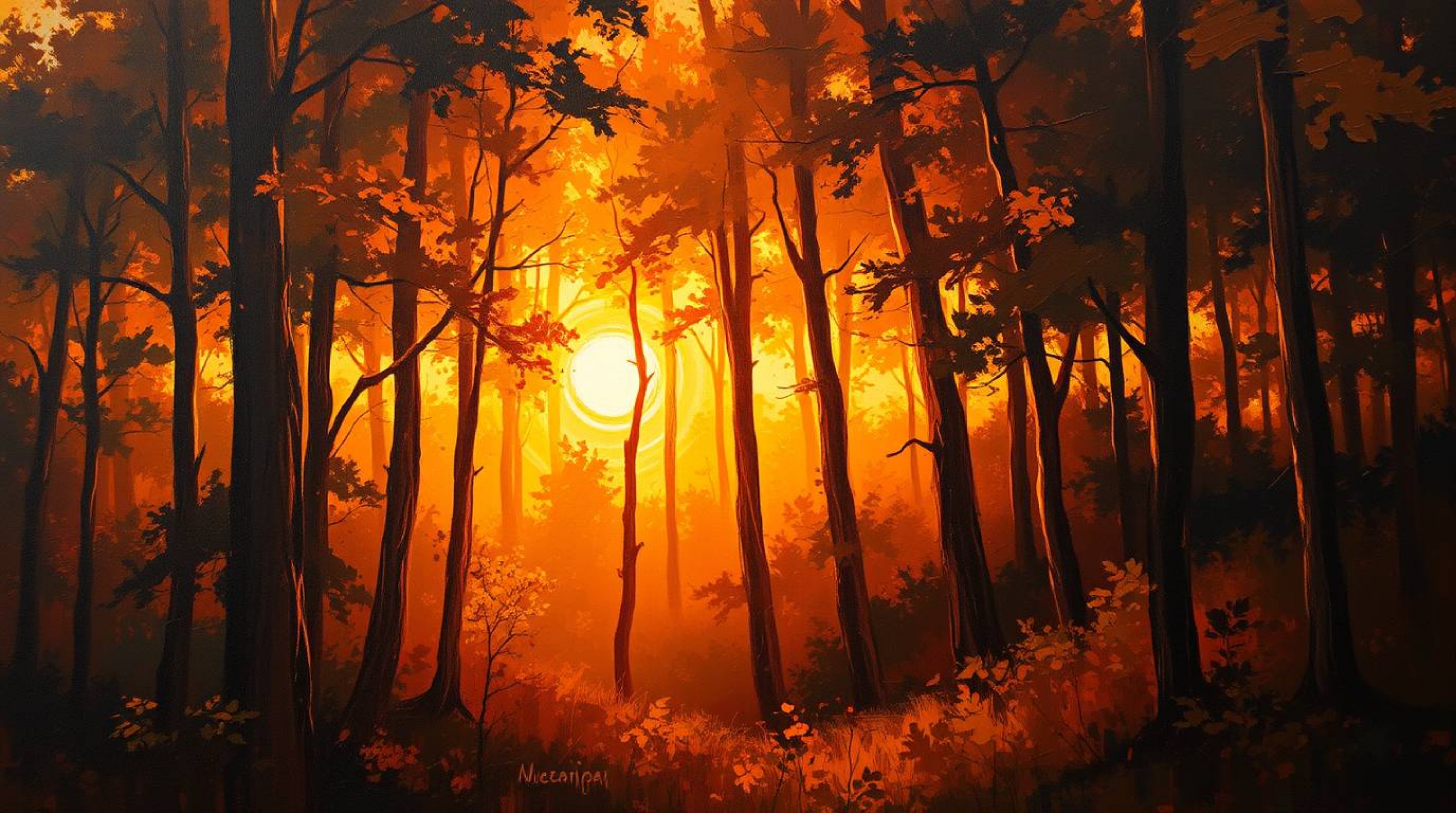 A captivating classic oil painting showcases the warm glow of a sunset filtering through a dense forest.  The artwork highlig