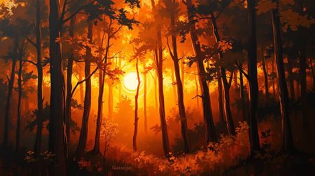 A captivating classic oil painting showcases the warm glow of a sunset filtering through a dense forest.  The artwork highlig