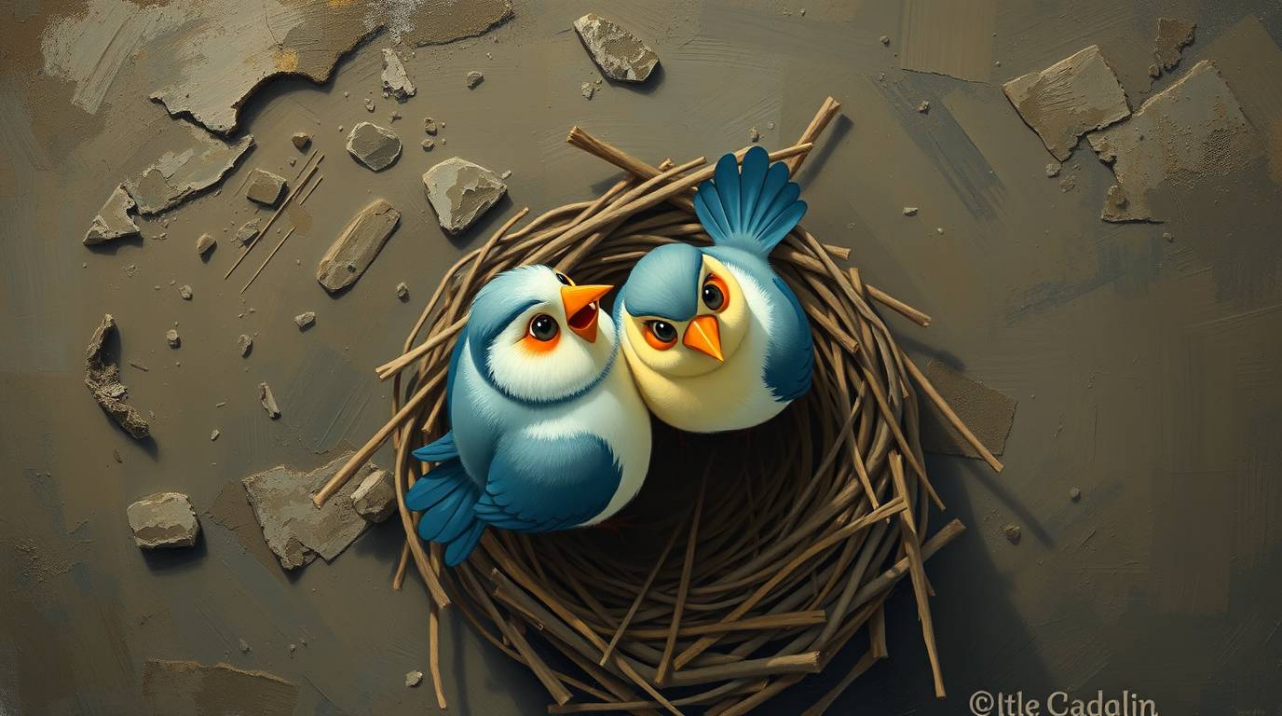 A charming overhead shot, reminiscent of classic oil paintings, depicts two cartoon birds diligently constructing a nest.  Re