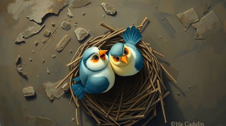 A charming overhead shot, reminiscent of classic oil paintings, depicts two cartoon birds diligently constructing a nest. Re