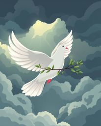 A vibrant digital illustration depicts a dove carrying an olive branch, soaring through stormy skies.  Rendered in a modern f