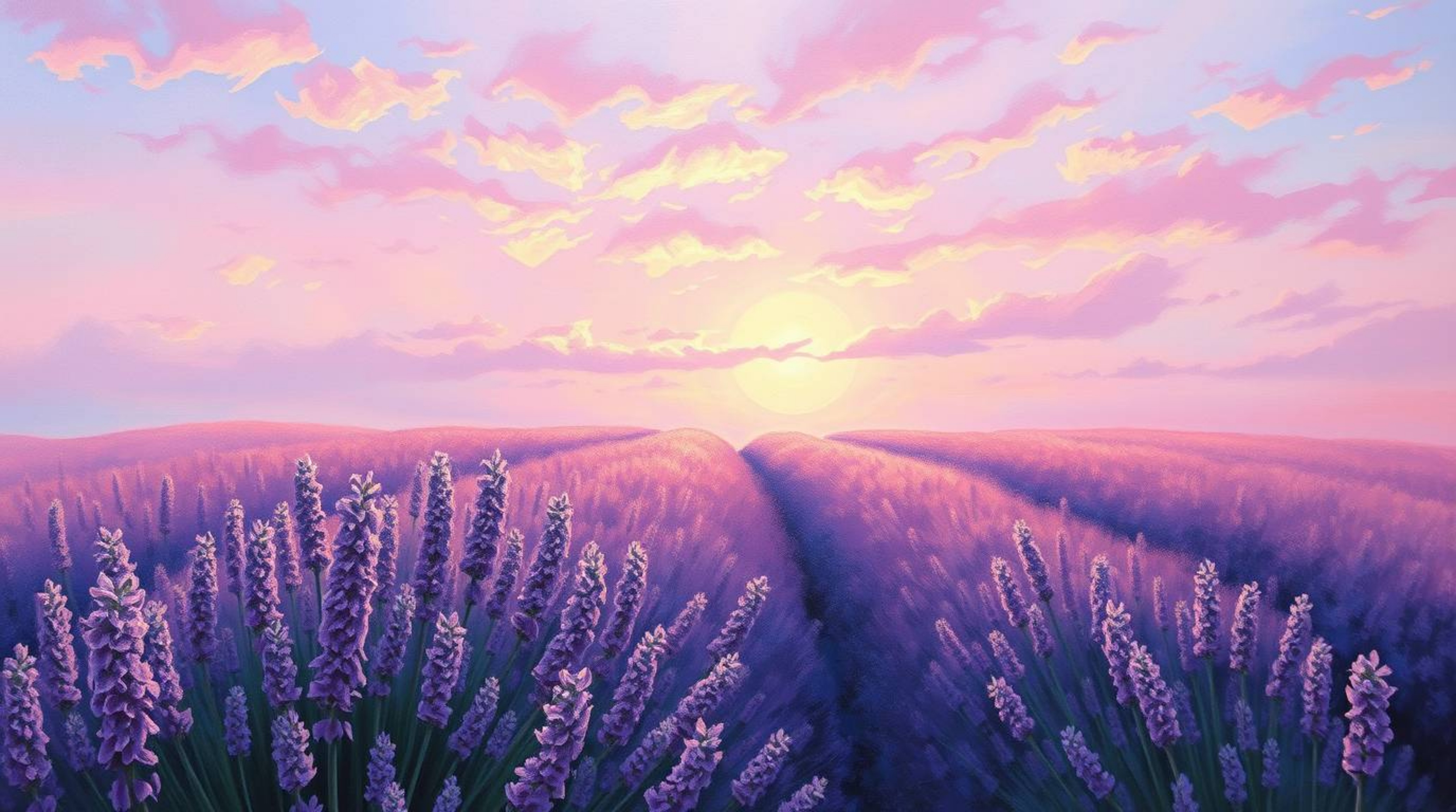 A classic oil painting depicting lavender fields basking under a dreamy pink sky, characterized by rich textures and visible 