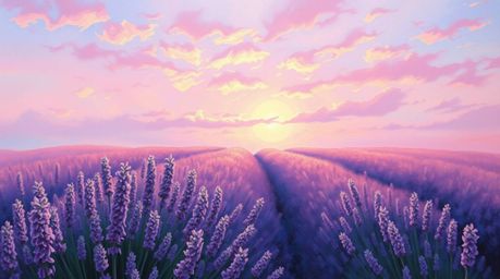 A classic oil painting depicting lavender fields basking under a dreamy pink sky, characterized by rich textures and visible 