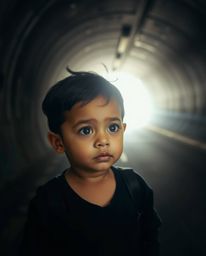 Capture the essence of candid street photography with an adorable and charming individual standing at the edge of a tunnel, g