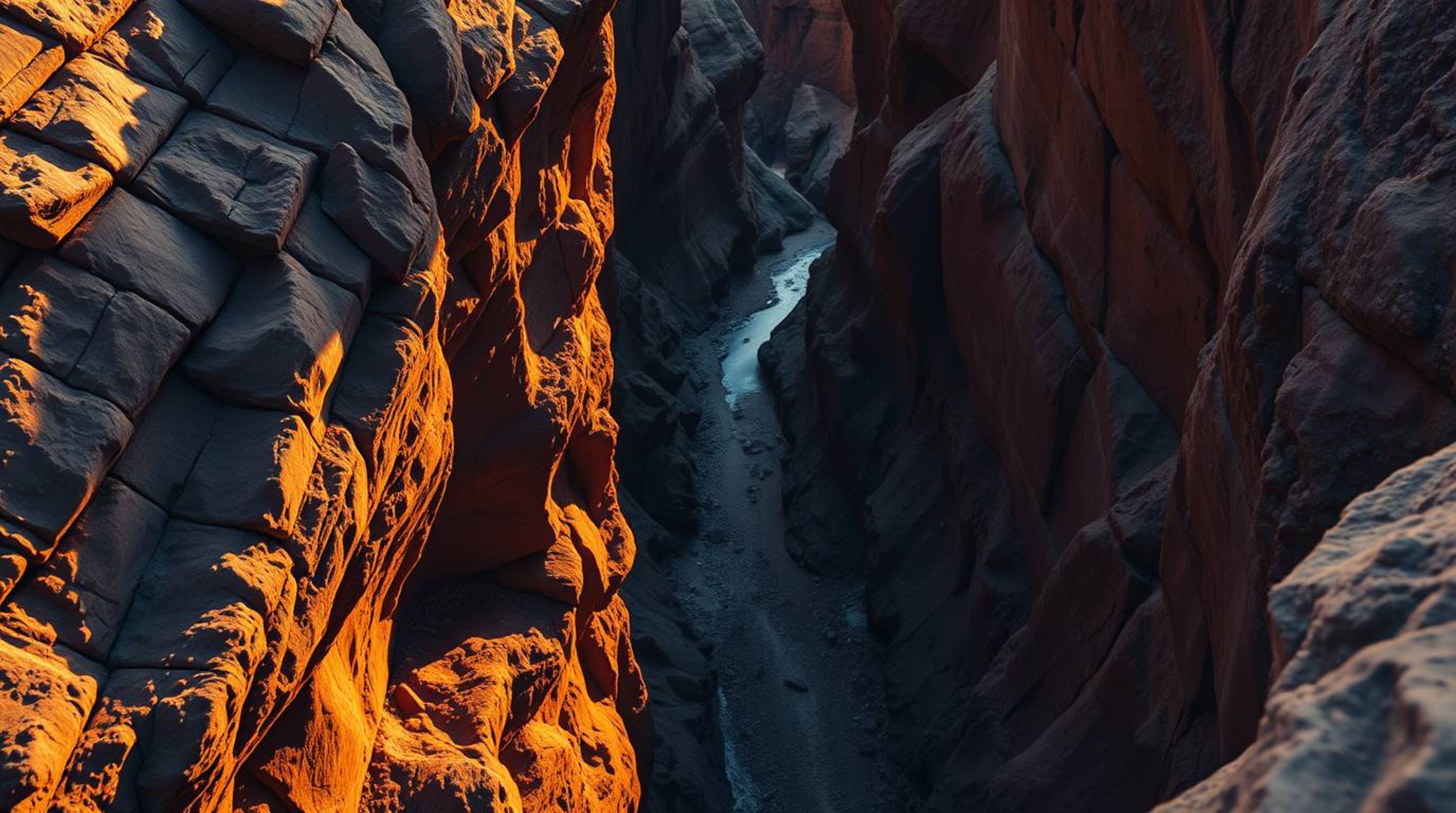 A stunning high-angle photograph captures a rocky canyon bathed in the warm glow of golden hour light.  The image features so
