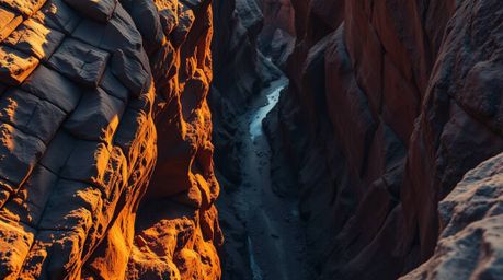 A stunning high-angle photograph captures a rocky canyon bathed in the warm glow of golden hour light.  The image features so