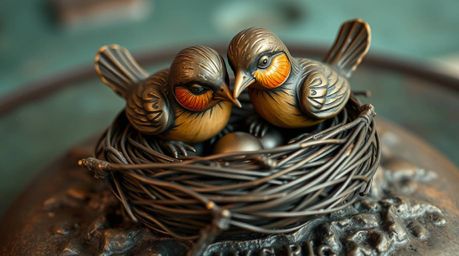 A captivating close-up reveals a detailed bronze sculpture of two cartoon birds meticulously constructing their nest. The pi