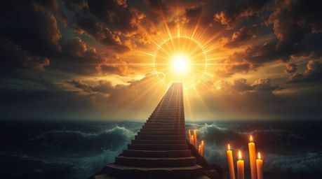 A dramatic staircase rising from the ocean towards a stormy sky, illuminated by a divine sunburst and the warm glow of candle
