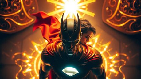 This captivating light art piece portrays a dynamic battle between a superhero and a silly villain. Bathed in a warm, golden 