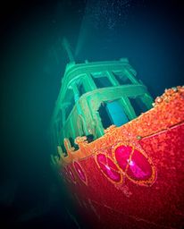 This image captures a breathtaking underwater shipwreck, illuminated with vibrant electric colors, highlighting the intricate