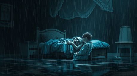 A wet, rainy scene creates an eerie and creepy atmosphere as a monster under the bed forms an unlikely friendship with a chil