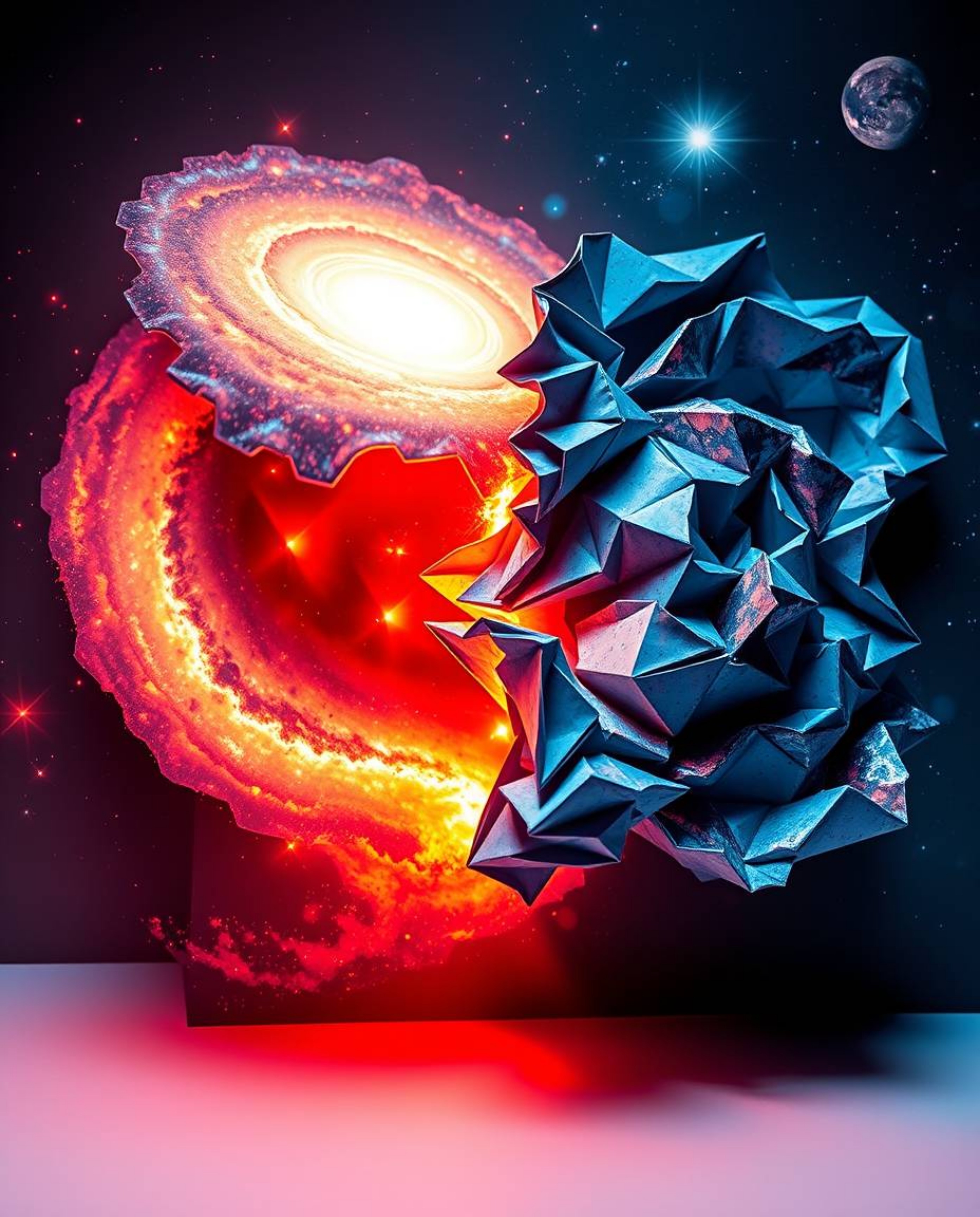 Witness the breathtaking collision of galaxies rendered in intricate origami style. This digital artwork showcases folded pap