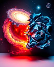 Witness the breathtaking collision of galaxies rendered in intricate origami style. This digital artwork showcases folded pap