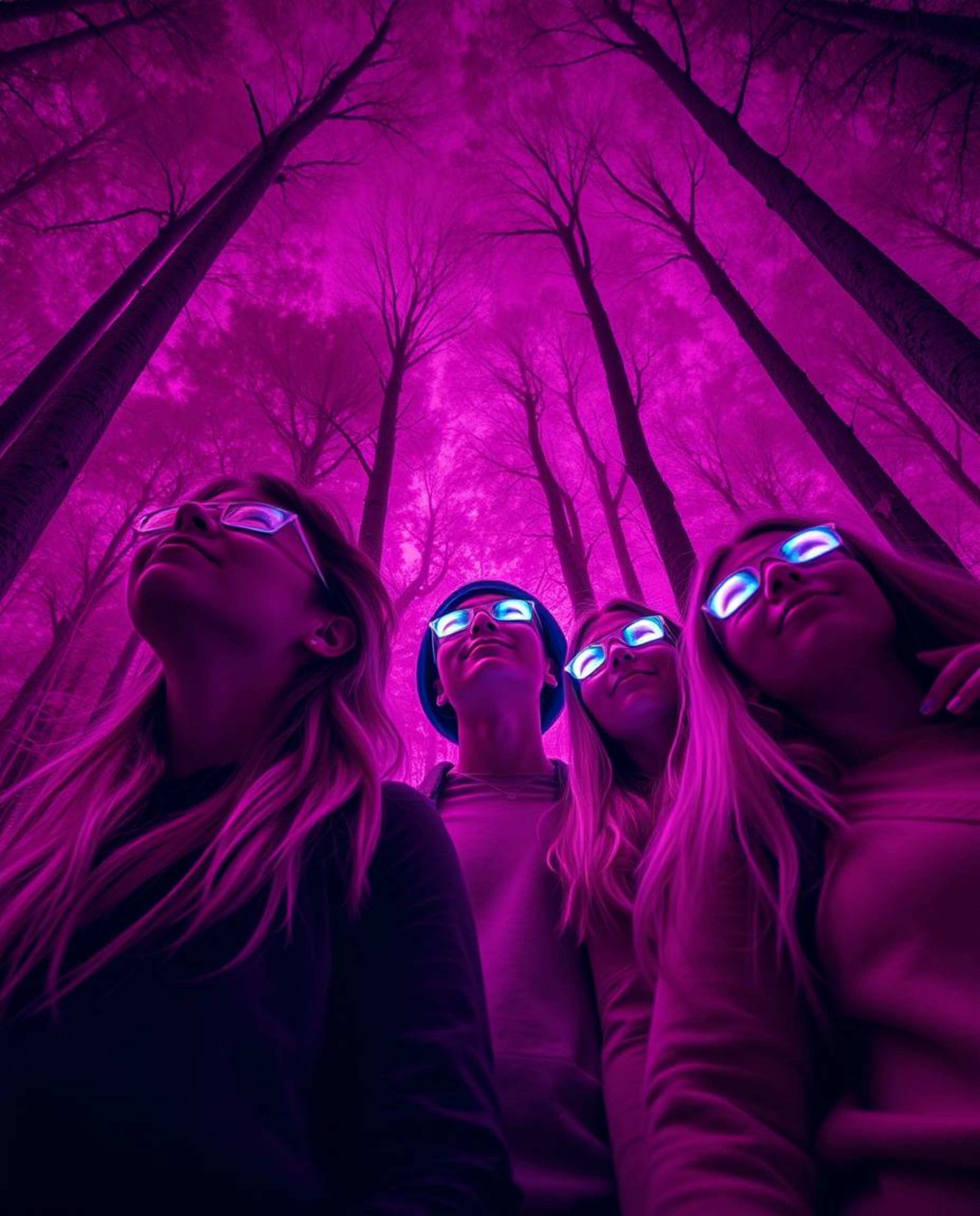 Embark on a surreal journey through an infrared forest with a group of friends boasting otherworldly, glowing features. This 