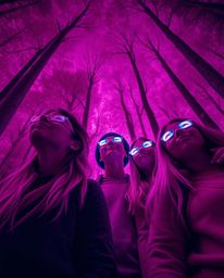 Embark on a surreal journey through an infrared forest with a group of friends boasting otherworldly, glowing features. This 