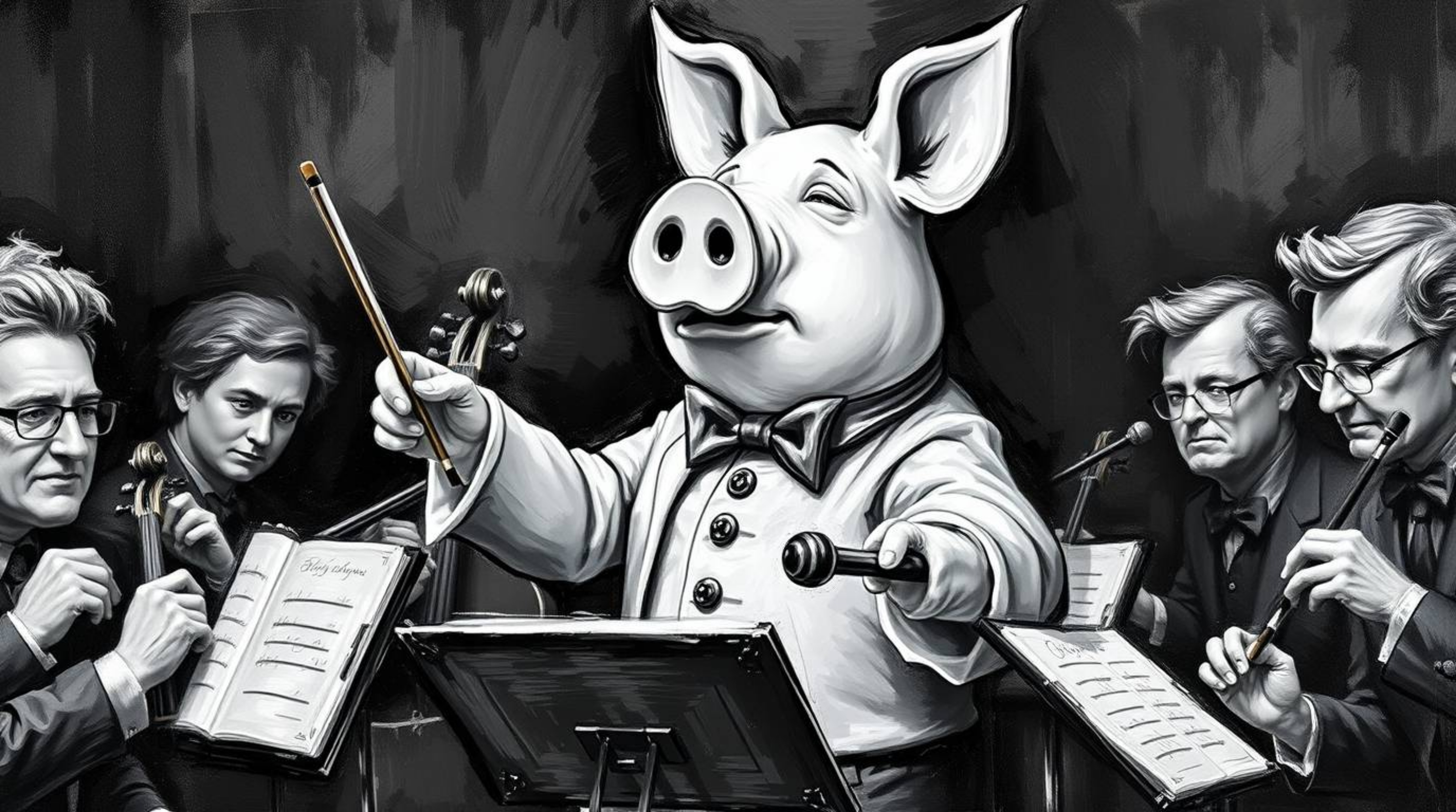 A timeless and elegant black and white oil painting depicts a pig character majestically conducting an orchestra.  The artwor