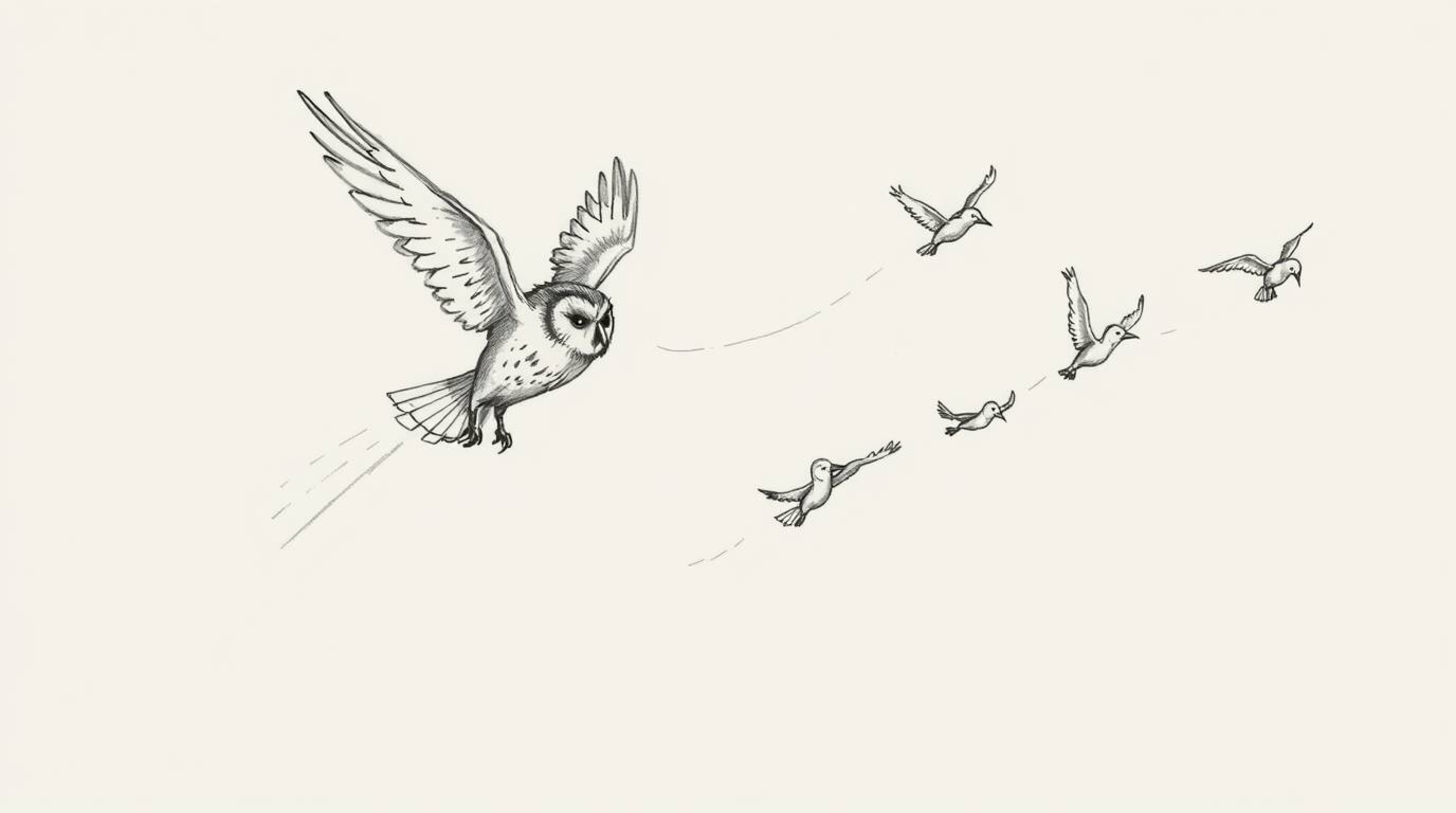A captivating hand-drawn sketch reminiscent of Pixar's style, showcasing a blind owl in mid-flight, generously guiding severa