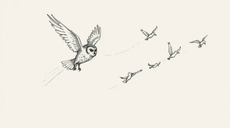 A captivating hand-drawn sketch reminiscent of Pixar's style, showcasing a blind owl in mid-flight, generously guiding severa