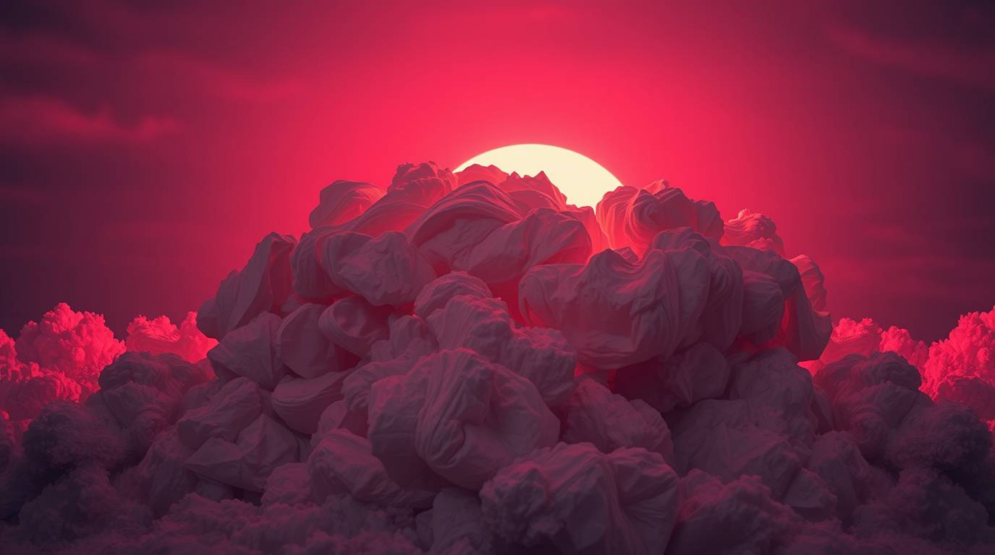 Experience the surreal beauty of layered papier-mâché sculptures resembling thunderstorm clouds illuminated by the vibrant hu