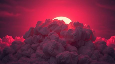 Experience the surreal beauty of layered papier-mâché sculptures resembling thunderstorm clouds illuminated by the vibrant hu