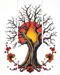 A traditional tattoo-style print showing a sunset behind an old oak tree with twisted branches. This striking design features