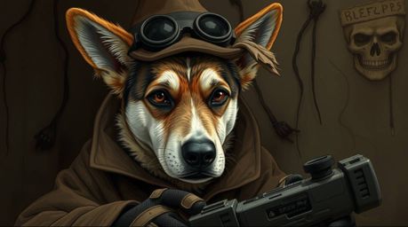 A serious dog detective utilizes advanced technology in a mysterious, earthy setting.  The muted brown and beige palette, com