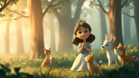 Immerse yourself in a gentle and soothing scene reminiscent of a vintage 2D animation, featuring a princess singing in harmon