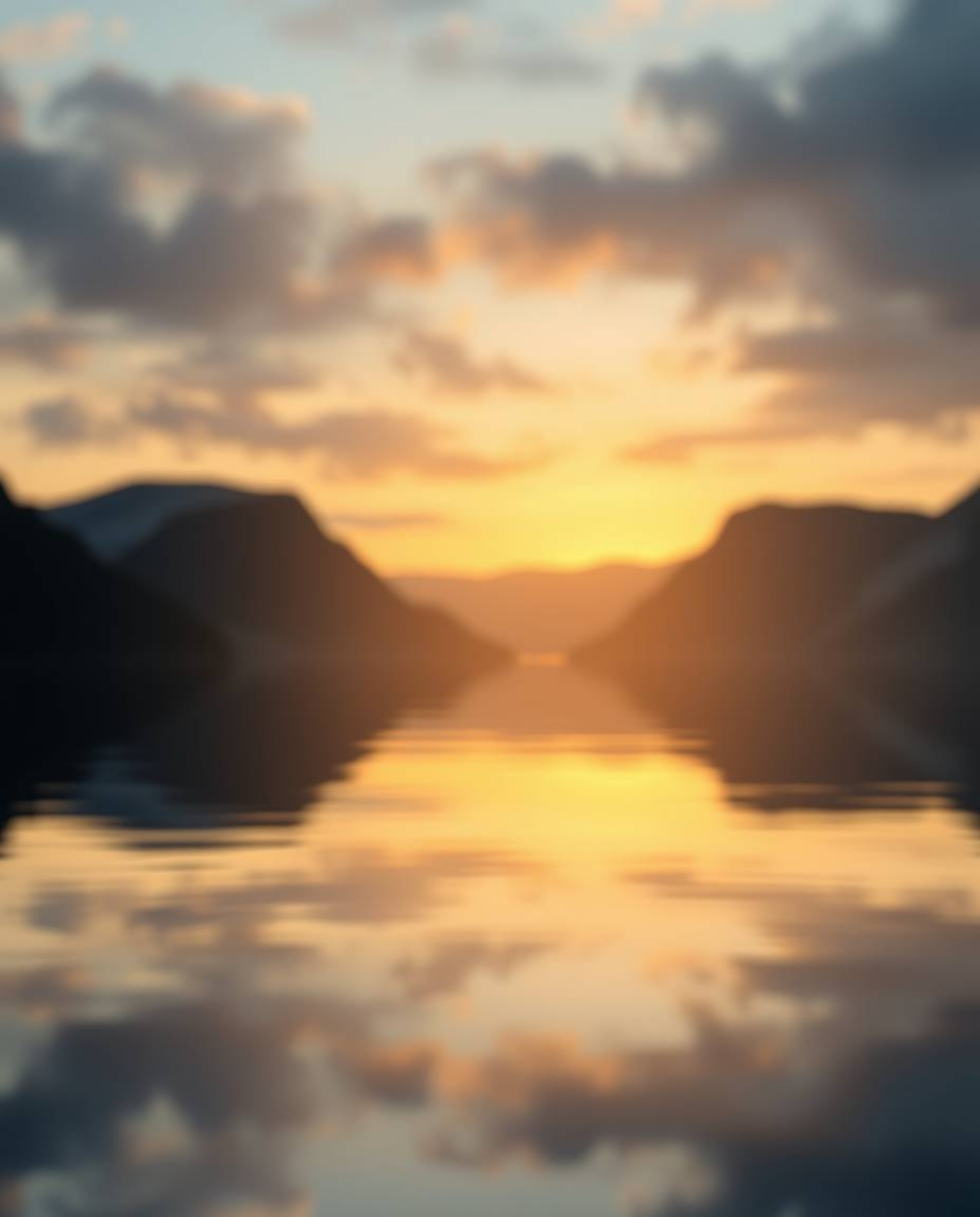 Gentle, soft light origami art depicts a glassy fjord reflecting a sunset. This piece is characterized by dynamic motion, a f